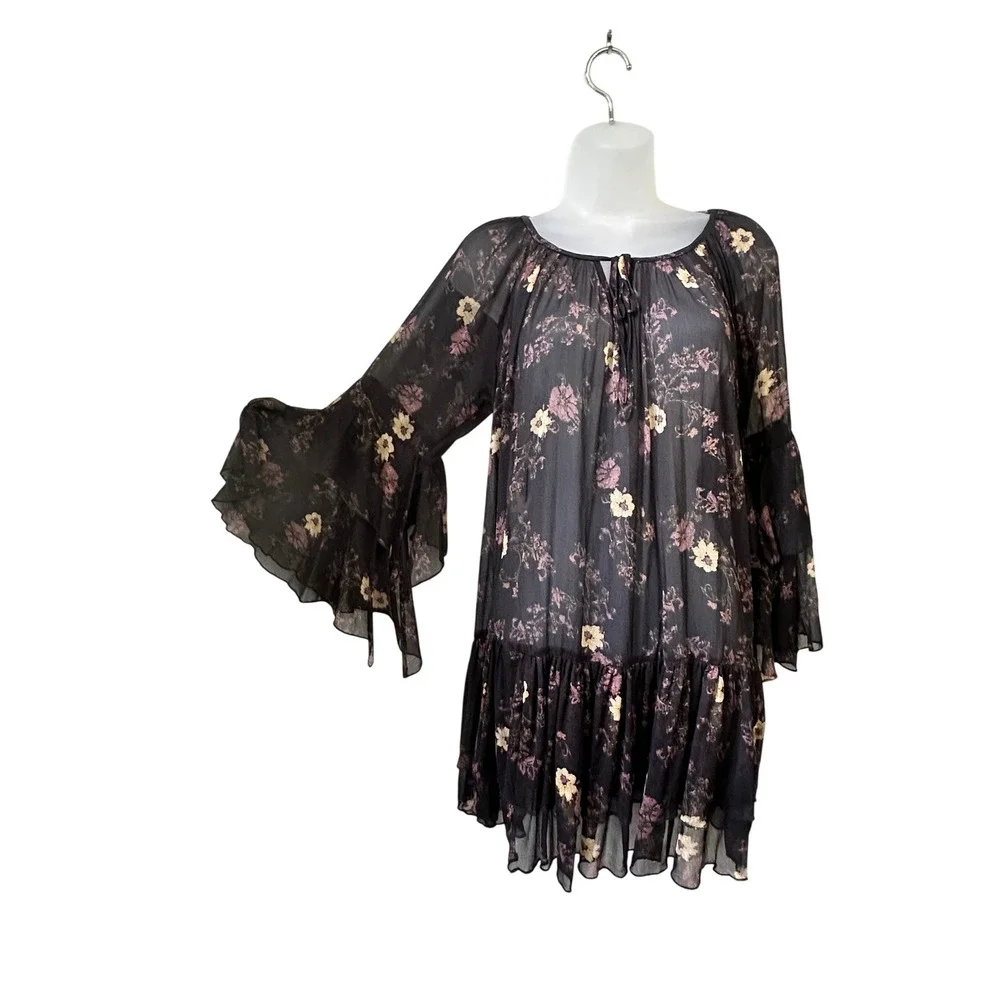 Free People Black Floral Sheer Bell Sleeve Ruffle Tiered Mini Dress Womens Small